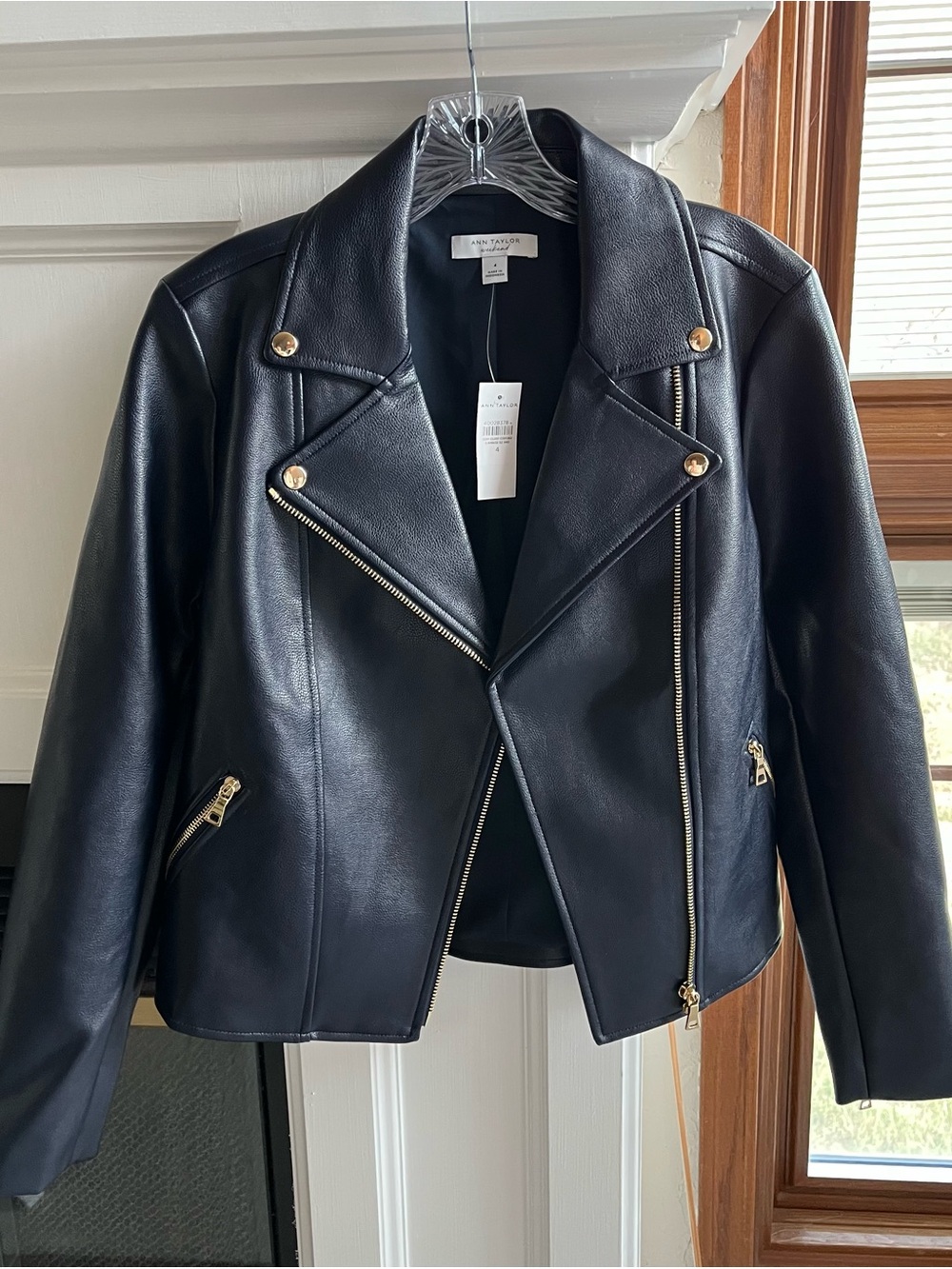 Ann Taylor Navy Faux Leather Asymmetrical Moto Jacket with Gold Hardware — NWT